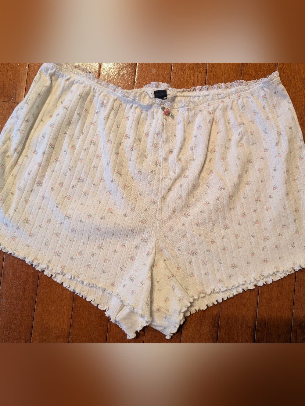 AE American Eagle Pointelle Cotton Floral Ribbed Sleep Shorts Sz L